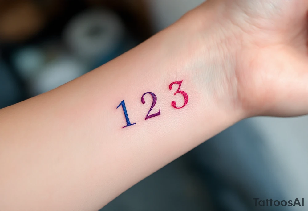Three delicate Roman numerals "1,2,3" tattooed side by side in black, blue and pink ink tattoo idea
