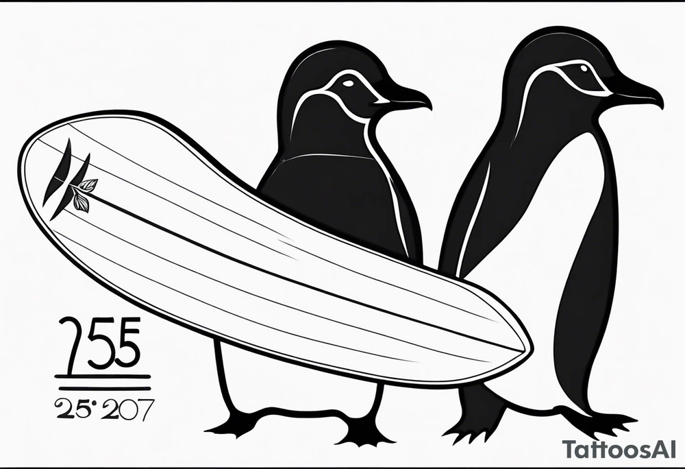 Surfboard outline with a penguin inside and the date 25/07 tattoo idea