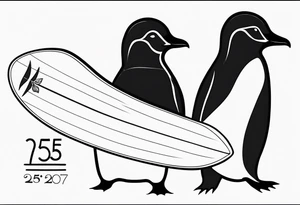 Surfboard outline with a penguin inside and the date 25/07 tattoo idea