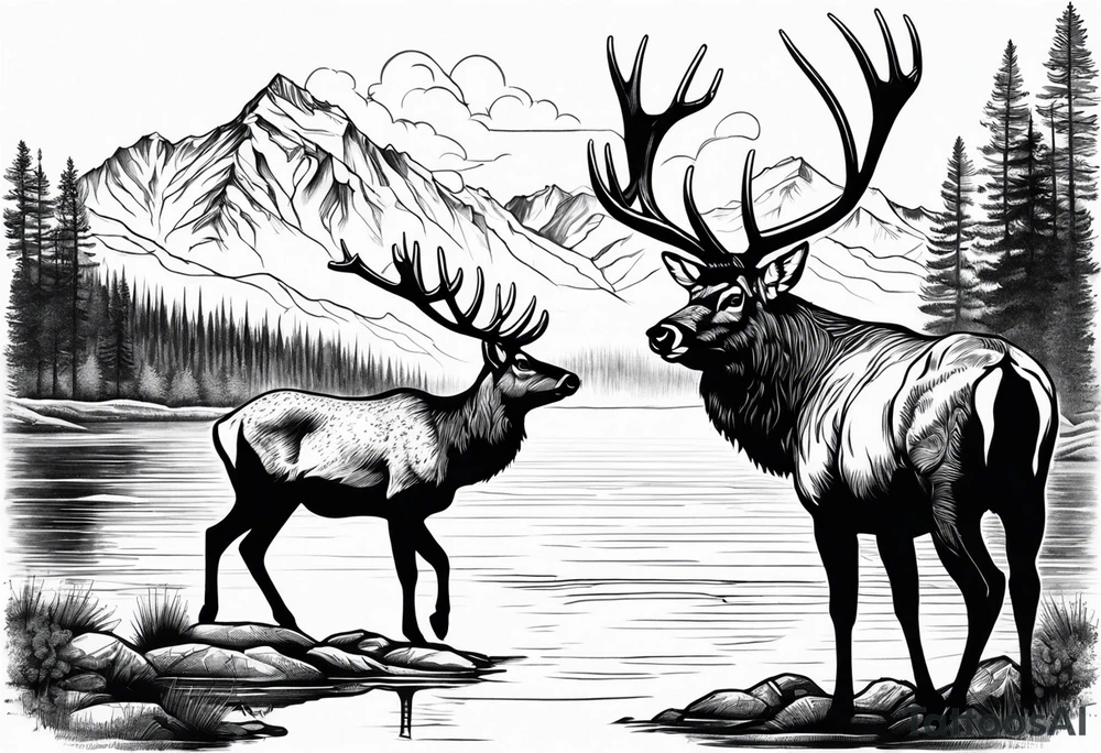 male and female elk near water with mountain landscape in the background tattoo idea