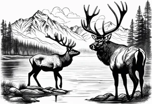 male and female elk near water with mountain landscape in the background tattoo idea