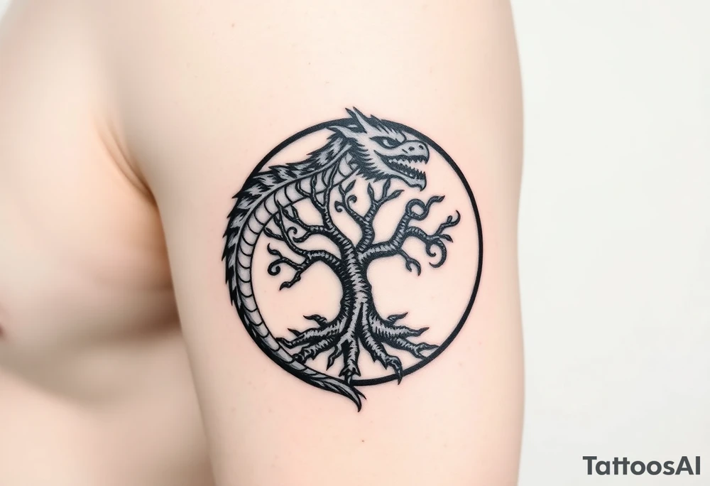 a dragon forming a circle with its body.  the dragon encircles the tree of life.  the dragon is eating the tree. the roots of the tree are strangling the dragon tattoo idea