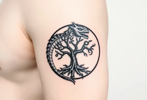a dragon forming a circle with its body.  the dragon encircles the tree of life.  the dragon is eating the tree. the roots of the tree are strangling the dragon tattoo idea