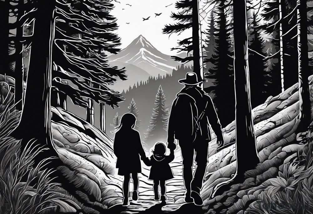 A shadow of a Man and Woman and young son and young daughter  walking through the Pacific Northwest Forrest. Catholic tattoo idea