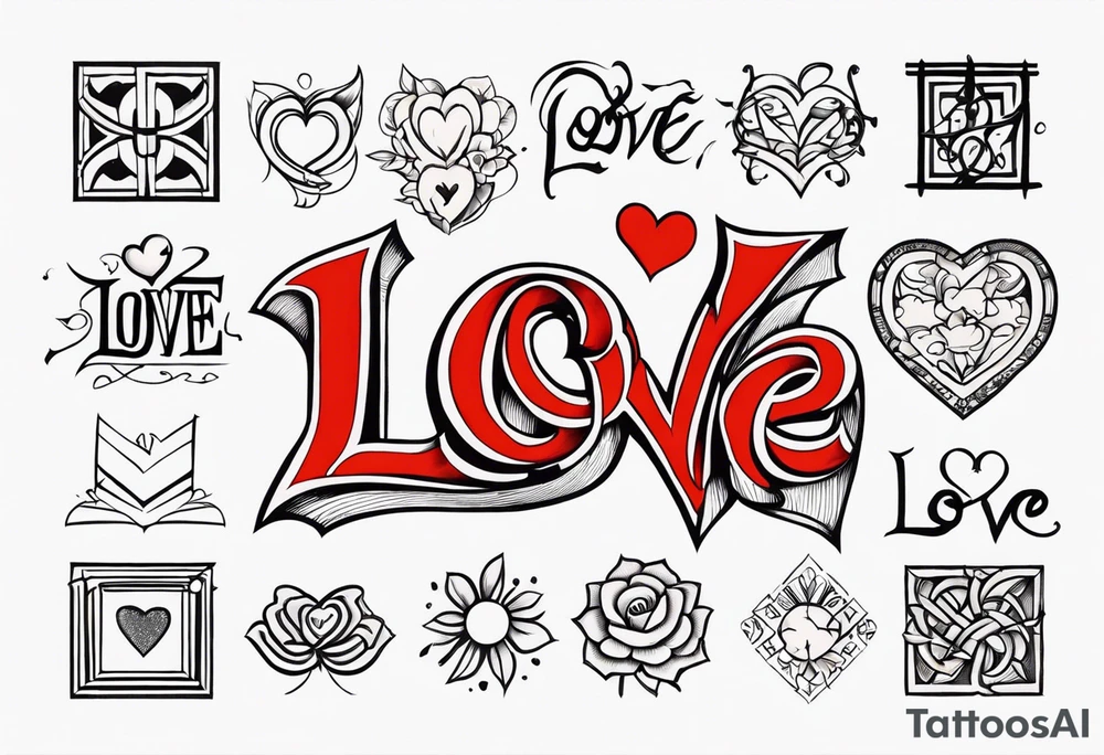 the word love repeated nine times in different fonts tattoo idea