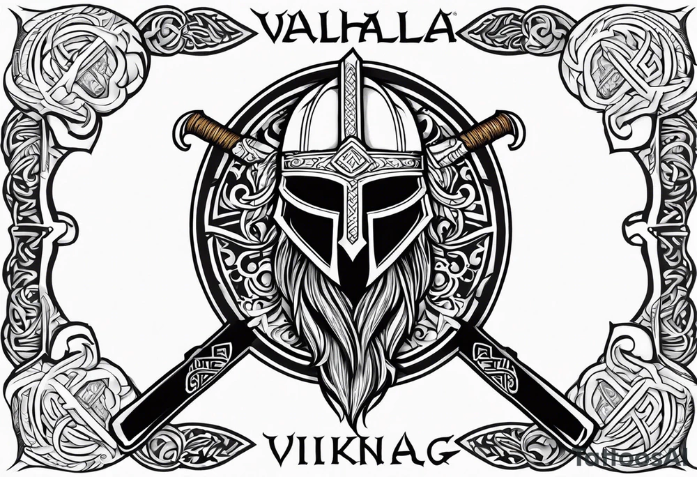 Valhalla viking helmet 
Sword shield tattoo idea