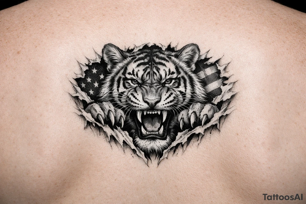 Tiger ripping throught the chest with the American Flag in the background.  Almost like the Amercian Flag is the blood of the body.  Make it bigger and add color.  The tiger should be more front.  So the ears are out from the body. tattoo idea