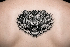 Tiger ripping throught the chest with the American Flag in the background.  Almost like the Amercian Flag is the blood of the body.  Make it bigger and add color.  The tiger should be more front.  So the ears are out from the body. tattoo idea