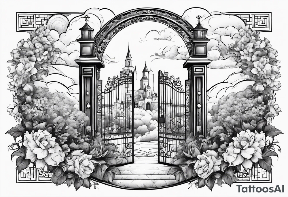 heaven town with tower houses gate entrance
in circle vignette surrounded by clouds flowers tattoo idea