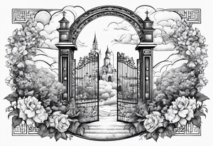 heaven town with tower houses gate entrance 
 in circle vignette surrounded by clouds flowers tattoo idea