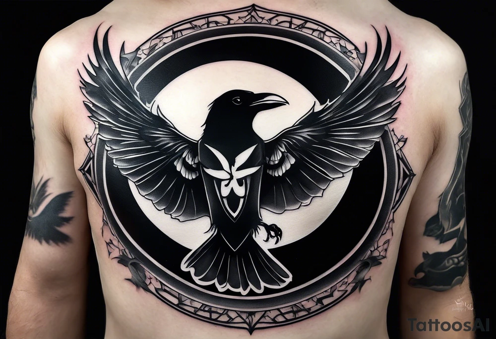 Black and white tattoo. The main image is a raven and a butterfly flying together towards the sky. The raven is shrouded in light and the butterfly in darkness. In the background you can see a 46 (from Valentino Rossi). You can also see a small scorpion and an 89, as well as a large lettering that reads "SKF". tattoo idea