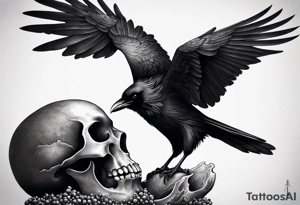 Raven standing on a skull tattoo idea