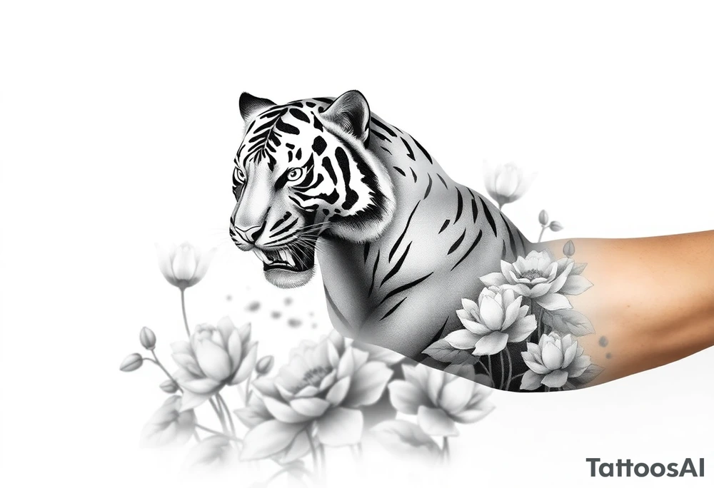 fierce tiger emerging through blooming lotus forrest in mist tattoo idea