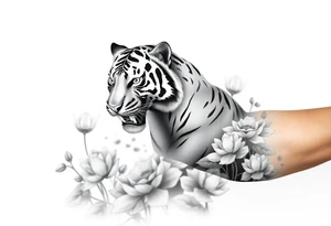 fierce tiger emerging through blooming lotus forrest in mist tattoo idea