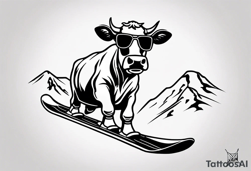 Create a minimalist and dynamic black and white tattoo design featuring a cheerful cow engaged in a snowboarding activity, wearing goggles. Emphasize clean lines and essential details to capture the playful spirit of the scene. The cow should be depicted confidently snowboarding down a snowy slope, with a sense of balance and joy, and wearing stylish goggles. Pay attention to the composition, ensuring that the tattoo design is suitable for a small to medium-sized space. The goal is to convey a lighthearted and whimsical vibe with the addition of the goggles, making the design visually appealing and suitable for tattooing. tattoo idea