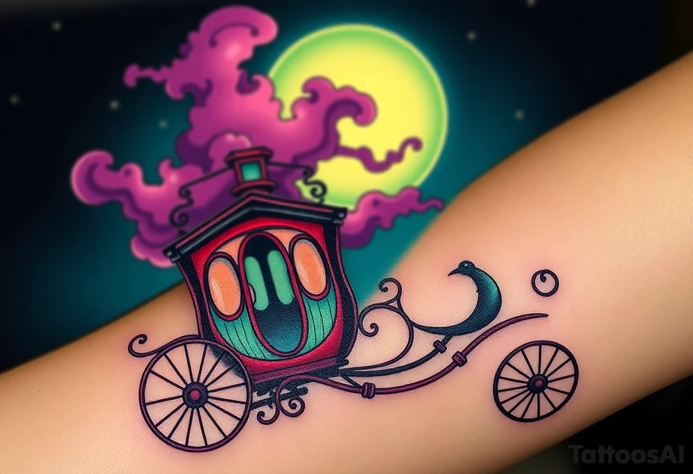 Tim Burton’s haunted victorian carrage is riding in the night and dripping with muted reds, dusty pinks, and eerie green glow.purple and cyan smokey clouds swirl in the crescent moonlit sky thats sprinkled with stars tattoo idea tattoo idea