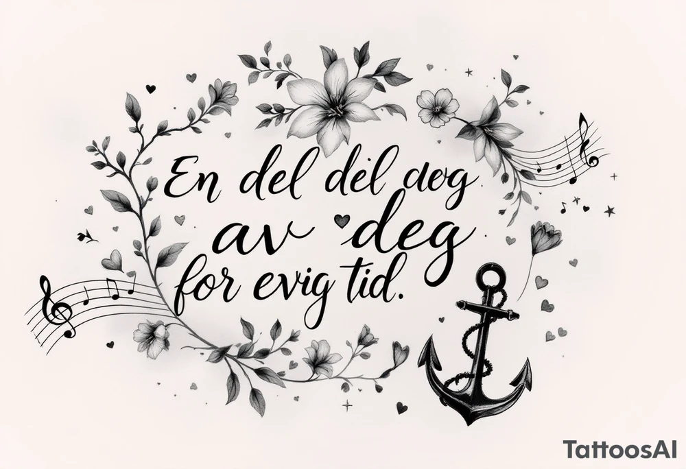 make a qoute saying "En del av deg for evig tid. 
Pappa 20.12.24"
Surrounded by delicate long blossom gladious, music notes, hearts and an anchor on the lower right side tattoo idea