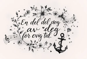 make a qoute saying "En del av deg for evig tid. 
Pappa 20.12.24"
Surrounded by delicate long blossom gladious, music notes, hearts and an anchor on the lower right side tattoo idea