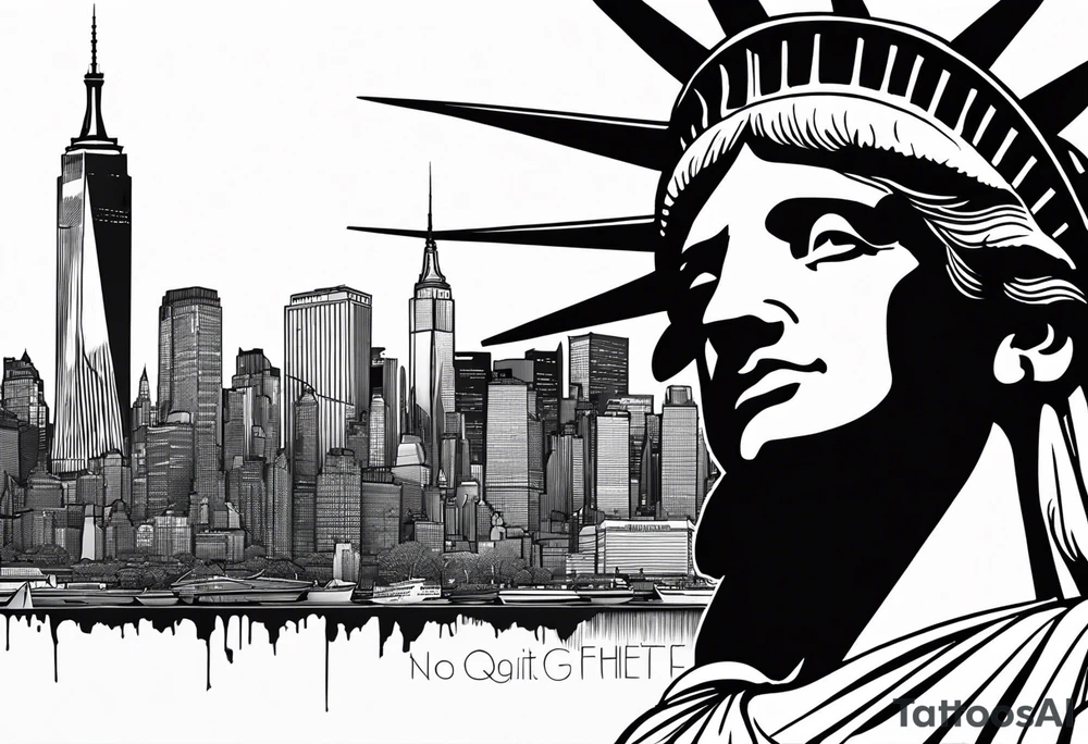 New york city skyline with Statute of liberty head in the background. White outline around head. Below the skyline in grafitti style text "NO QUIT" in the negative white space with shading around it. Put ice skating marks through the text and throughout the image tattoo idea