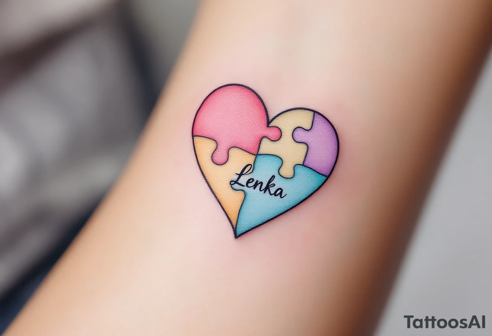 A heart made of puzzle pieces, each piece a different pastel, with name Lenka in the center. tattoo idea