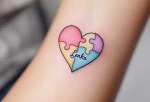 A heart made of puzzle pieces, each piece a different pastel, with name Lenka in the center. tattoo idea