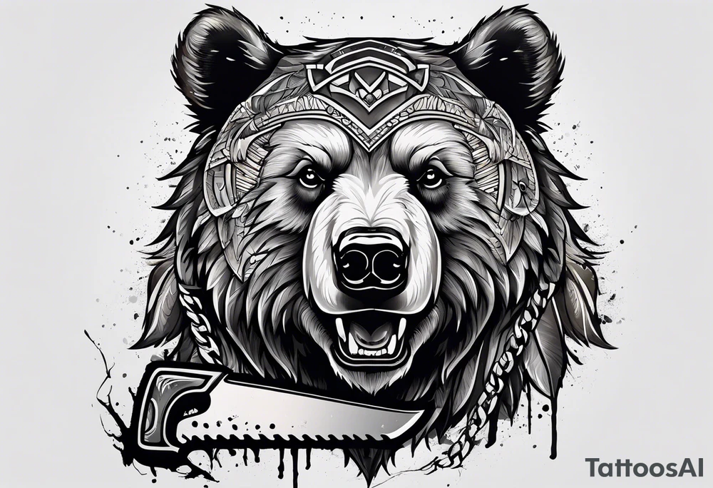 bear using a chainsaw tattoo idea