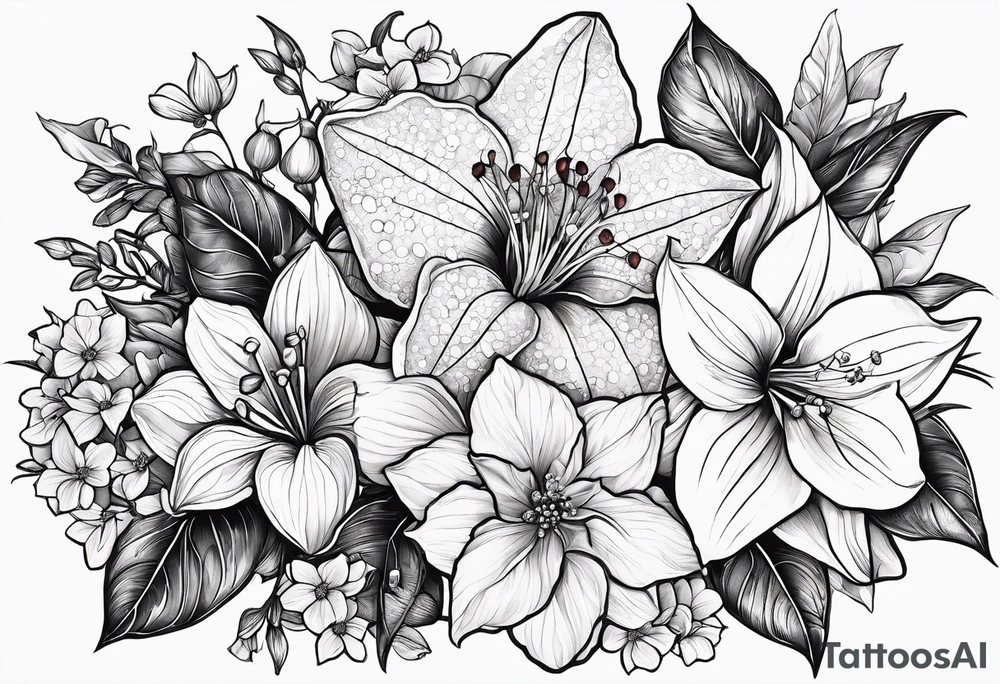 Hydrangea, Narcissus, Poinsettia, Holly, Gladiolus, Poppy, Daisy, Sweet Pea floral tattoo idea