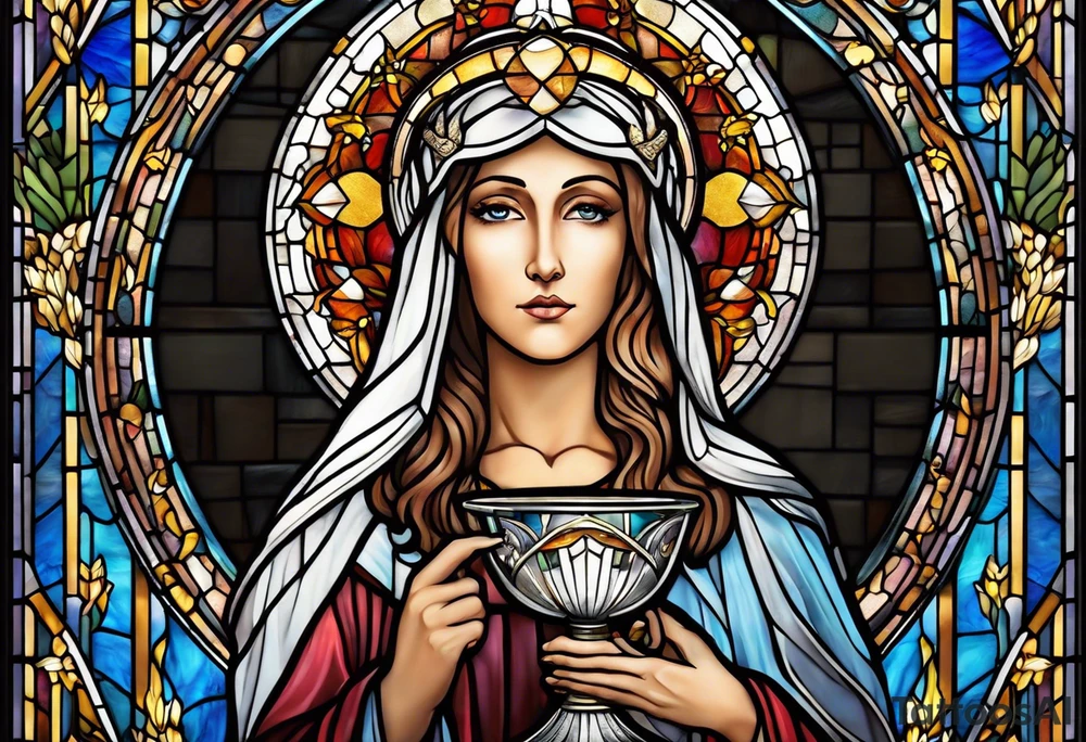 holy saint woman with halo stained glass holding a chalice tattoo idea