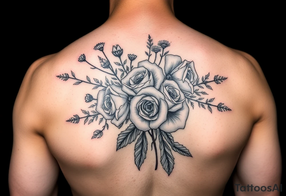 vintage bouquet of wild roses and meadow flowers with morning dew tattoo idea