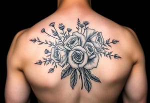 vintage bouquet of wild roses and meadow flowers with morning dew tattoo idea