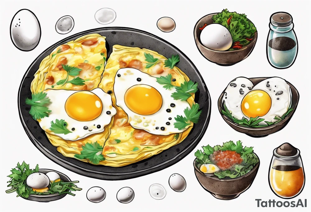A round, thin omelette made from five eggs with salt pepper and a bit greens tattoo idea