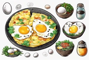 A round, thin omelette made from five eggs with salt pepper and a bit greens tattoo idea