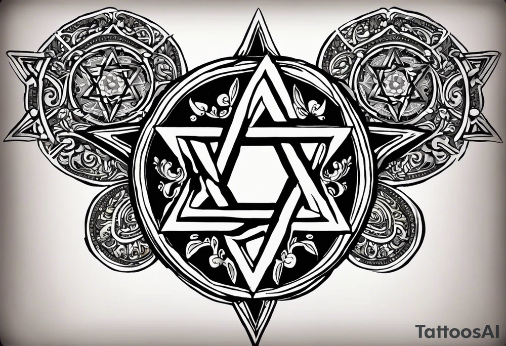 I would like two symmetrical tattoos on the left and right sides of my chest. The main element should be a Star of David (six-pointed star) on each side. Inside each star, I want the Armenian Wheel of Eternity.

	•	The Wheel of Eternity should be placed in the center of the Star of David, with a circular, swirling design to symbolize infinity and continuous life cycles. It should be detailed but simple enough to blend seamlessly with the star.
	•	The overall look should be bold, clean, and geometric, with a modern and minimalist style. tattoo idea