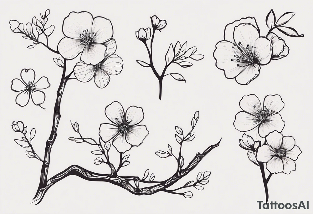 Sure thing! To guide the AI in drawing your tattoo design, you can provide step-by-step instructions like this:

1. Start by drawing a human hand pointing at a skeleton hand on the left shoulder.
2. From the wrist of the human hand, draw a cherry blossom branch sprouting out.
3. Let the branch travel down the arm, wrapping around the bicep once.
4. Narrow the branch to fit through a 7 cm gap on the forearm.
5. Finally, end the branch in a 10 cm gap on the wrist, adding more blossom flora to complete the design.

These detailed instructions should help the AI create a visual representation of your envisioned tattoo. tattoo idea