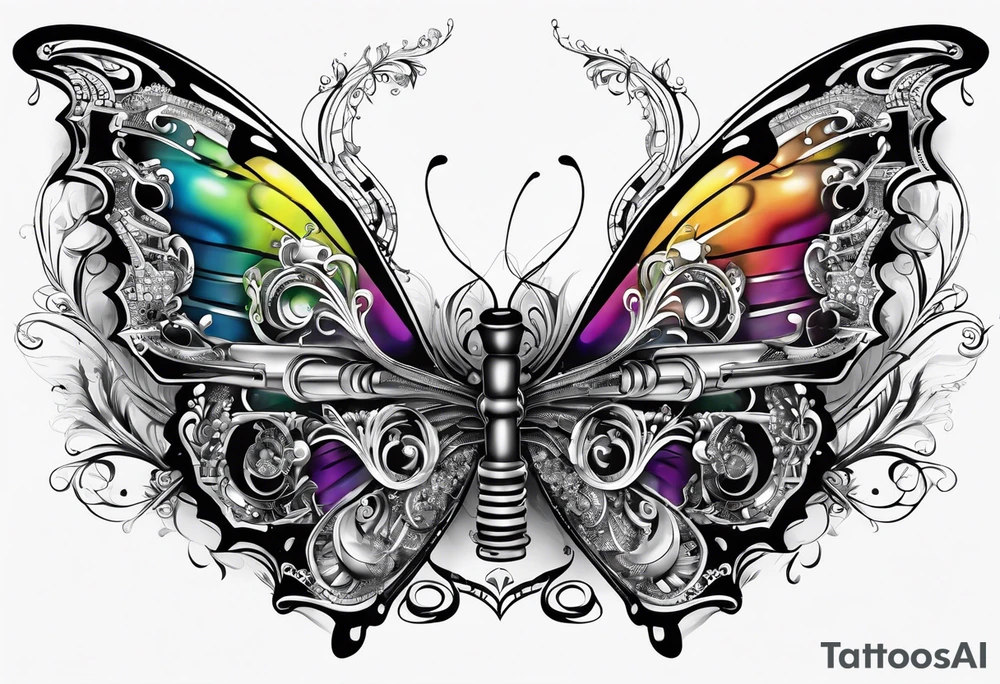 Saxophone, butterfly, rainbow, computer keyboard tattoo idea