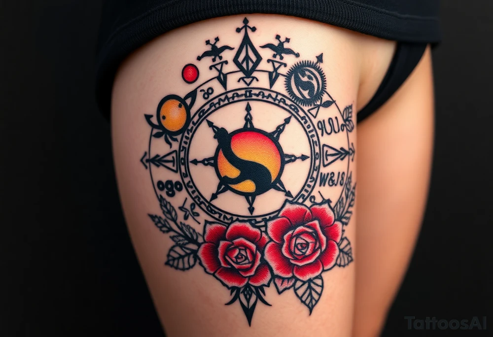 Milky way galaxy with planets with zodiac symbols and protection runes in it with red roses and sunflowers tattoo idea