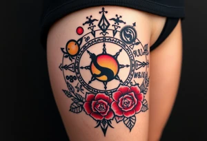 Milky way galaxy with planets with zodiac symbols and protection runes in it with red roses and sunflowers tattoo idea