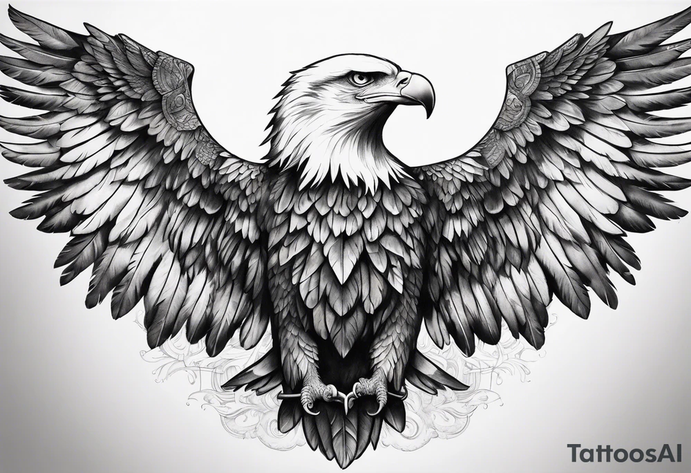 Eagle wings across male upper back and shoulders with detailed feathers, extending a few inches down each arm tattoo idea