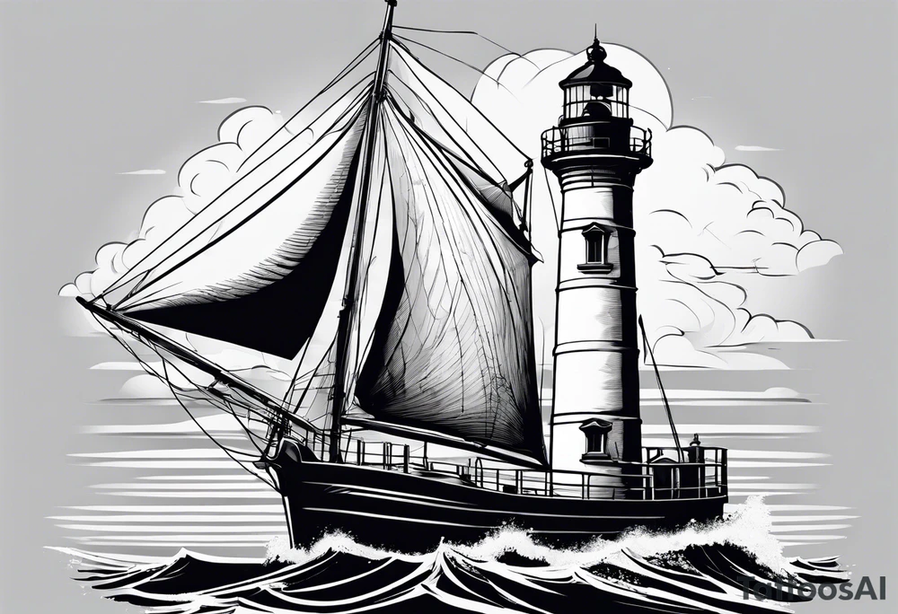 maritime lighthouse with 2 large sails attached. tattoo idea