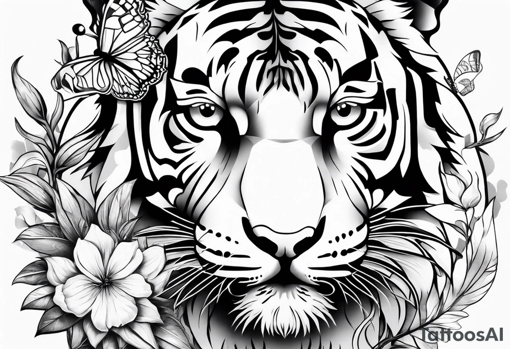 tiger, 3 butterflies, flowers for ladies thigh / hip tattoo idea