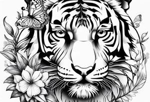 tiger, 3 butterflies, flowers for ladies thigh / hip tattoo idea
