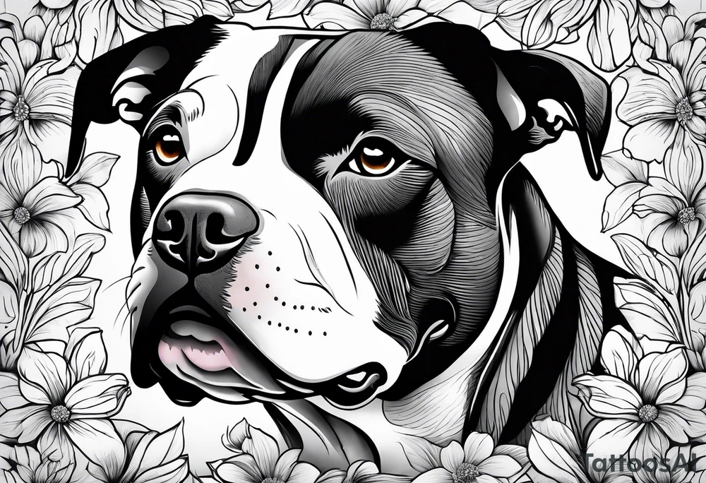 Brindle pitbull flowers tattoo idea