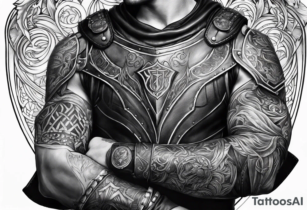 half sleeve, upper arm and shoulder, leather armor.  The crest on the shoulder is an ouroboros tattoo idea