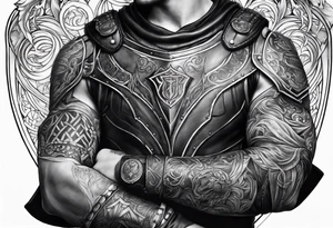 half sleeve, upper arm and shoulder, leather armor.  The crest on the shoulder is an ouroboros tattoo idea