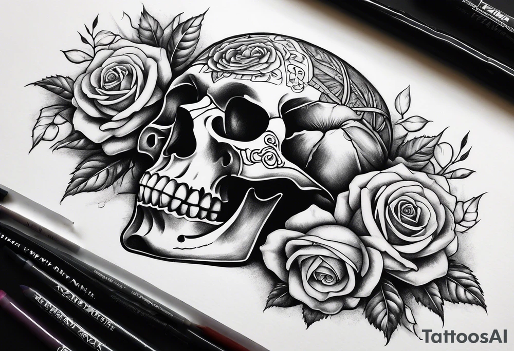Un pilier romain, un crâne et des roses tattoo idea