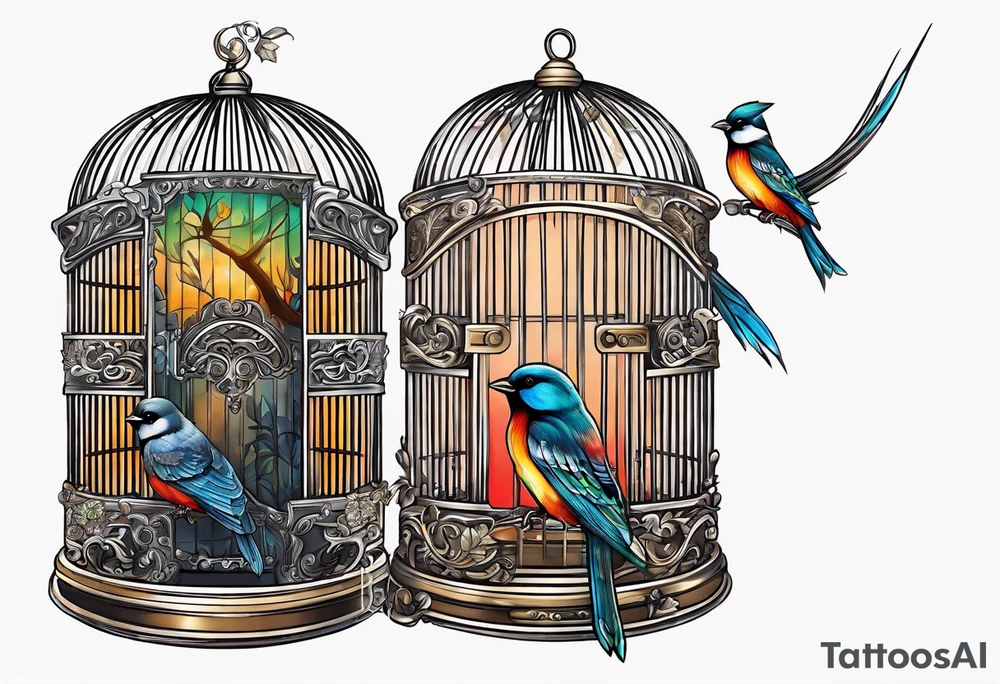 Artistic bird cage empty with door open tattoo idea