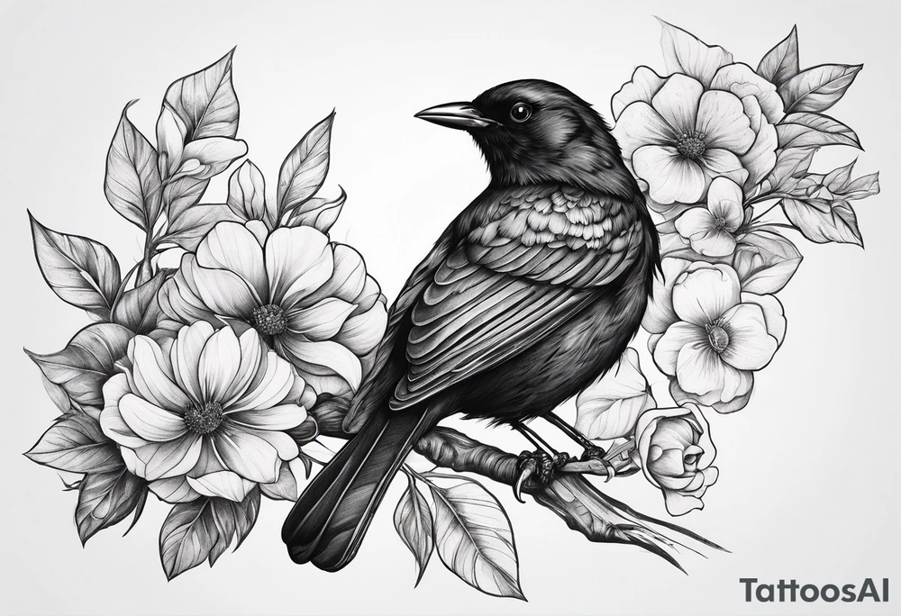 A black bird with its wings up on a branch with flowers tattoo idea