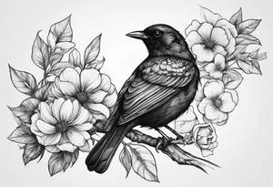 A black bird with its wings up on a branch with flowers tattoo idea