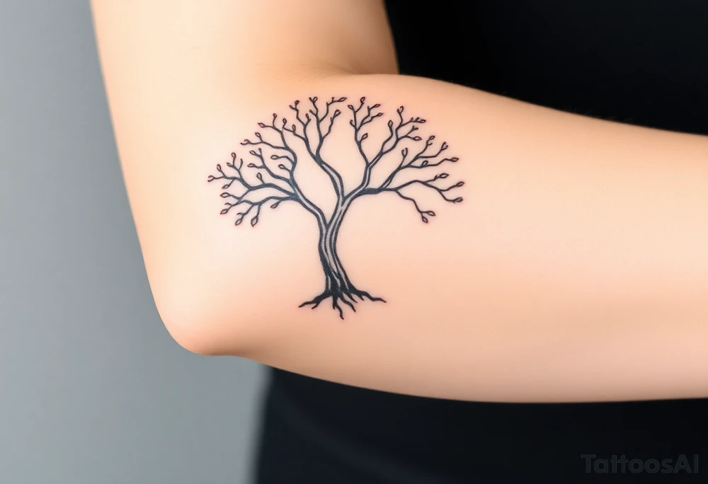 A black and gray realistic tree with engraved initials on the trunk, highlighting deep-rooted family connections tattoo idea