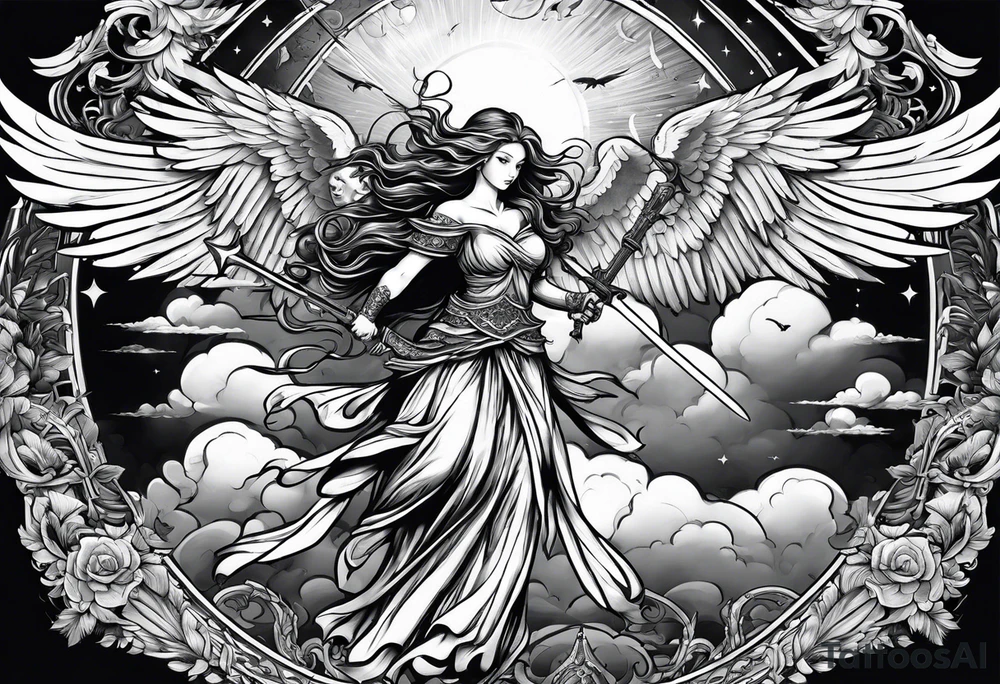 Angels with swords in the sky tattoo idea